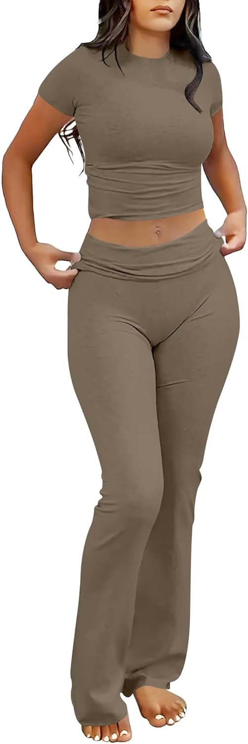 Lounge Sets for Women 2 Piece Foldover Yoga Flare Leggings Pants Crop Tops Casual  Outfits Matching Tracksuit Set