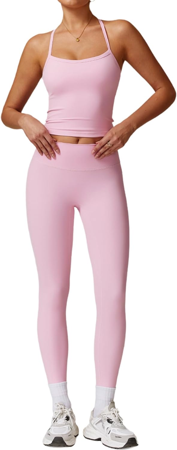 Womens Workout Sets Two Piece Cross Back Tank Top Matching High Waist Leggings Sets Gym Outfits Work Out Clothes