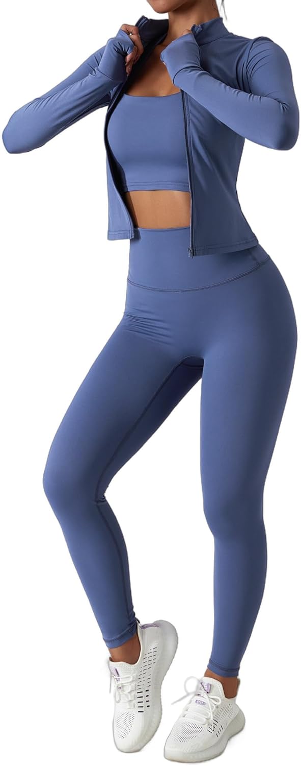 Women’s 3 Piece Workout Set – Sports Bra, Leggings & Jacket with Thumbholes – Yoga Outfit Activewear for Gym Running Training