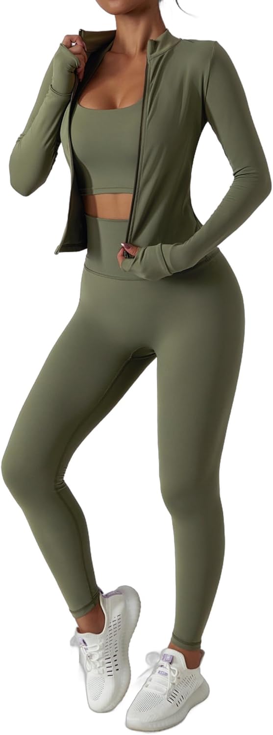 Women’s 3 Piece Workout Set – Sports Bra, Leggings & Jacket with Thumbholes – Yoga Outfit Activewear for Gym Running Training