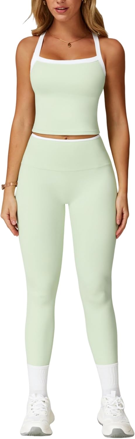 Womens Workout Sets Two Piece Cross Back Tank Top Matching High Waist Leggings Sets Gym Outfits Work Out Clothes