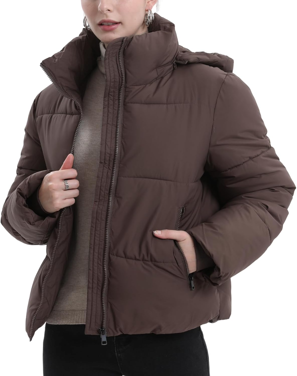 Women's Cropped Puffer Jackets,Warm Winter Jacket with Removable Hood,Zipped Pockets,Short Ladies Quilted Coat