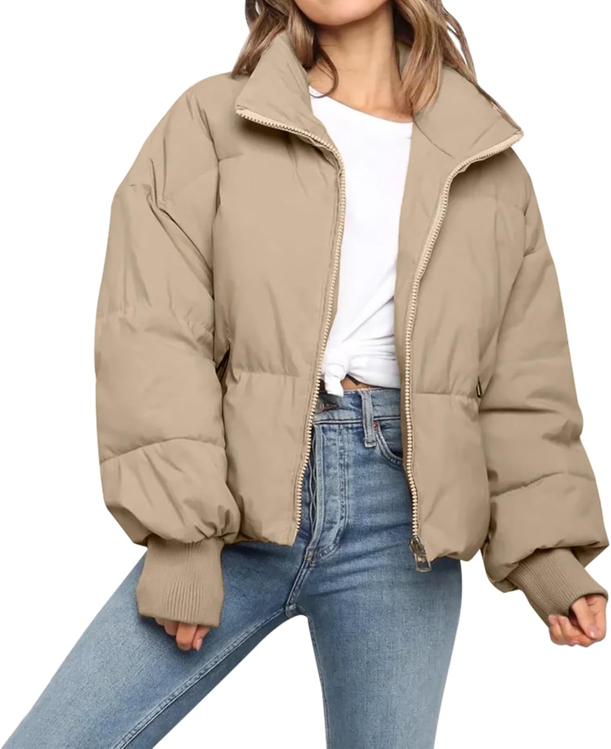 Women’s Winter Cropped Puffer Jacket Coat Casual Quilted Baggy Long Sleeve Zip Down Jackets Outerwear