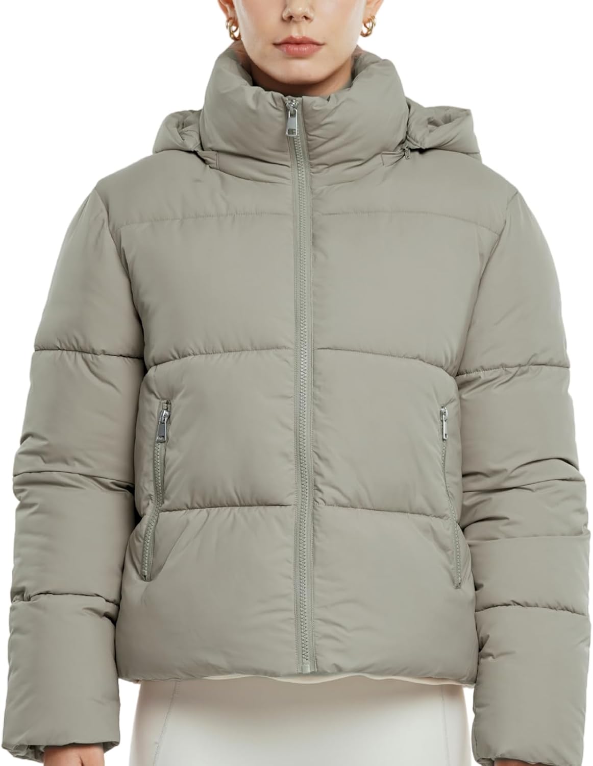 Women's Cropped Puffer Jackets,Warm Winter Jacket with Removable Hood,Zipped Pockets,Short Ladies Quilted Coat