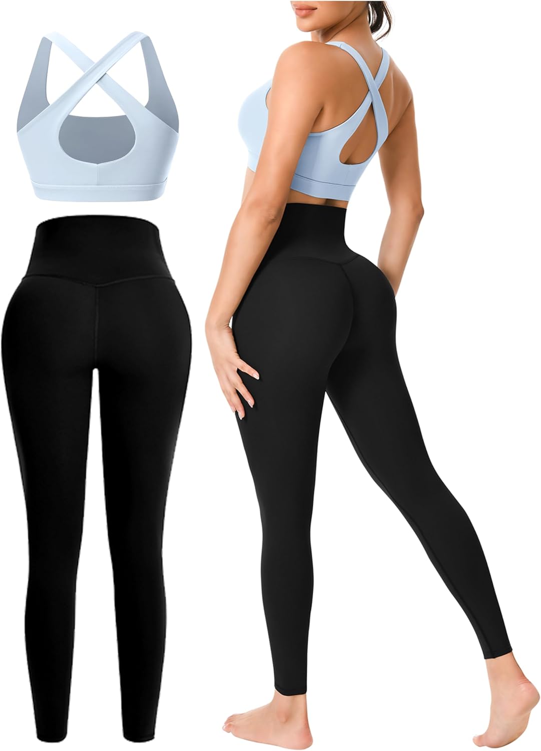 Workout Sets for Women 2 Piece Seamless High-Waisted Leggings & Cross Back Padded Sports Bra for Yoga Pilates