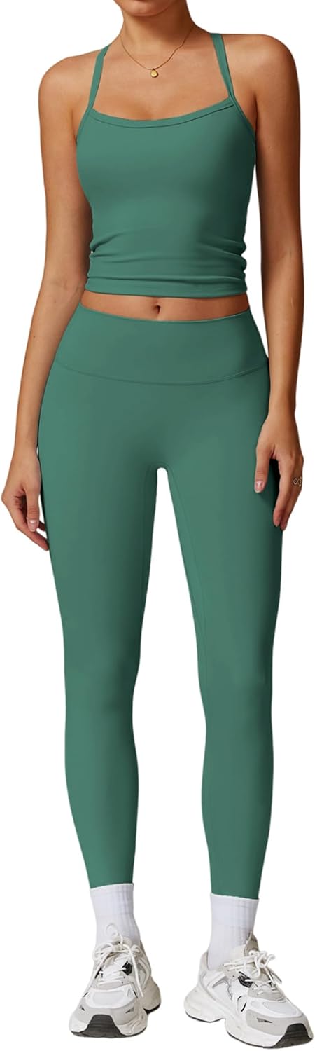 Womens Workout Sets Two Piece Cross Back Tank Top Matching High Waist Leggings Sets Gym Outfits Work Out Clothes