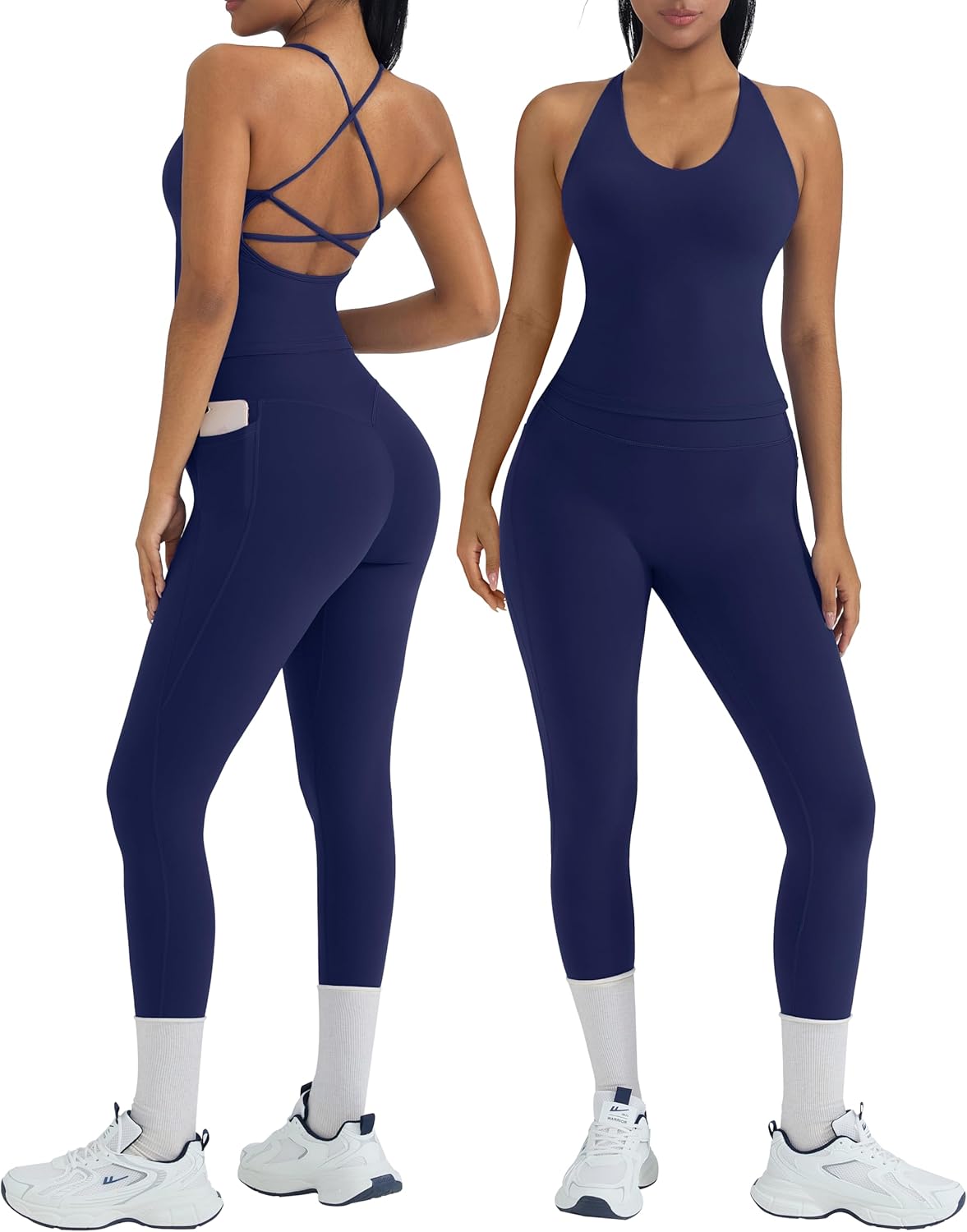 2 Piece Workout Sets for Women Padded Workout Tops Booty Leggings with Pockets Gym Sets