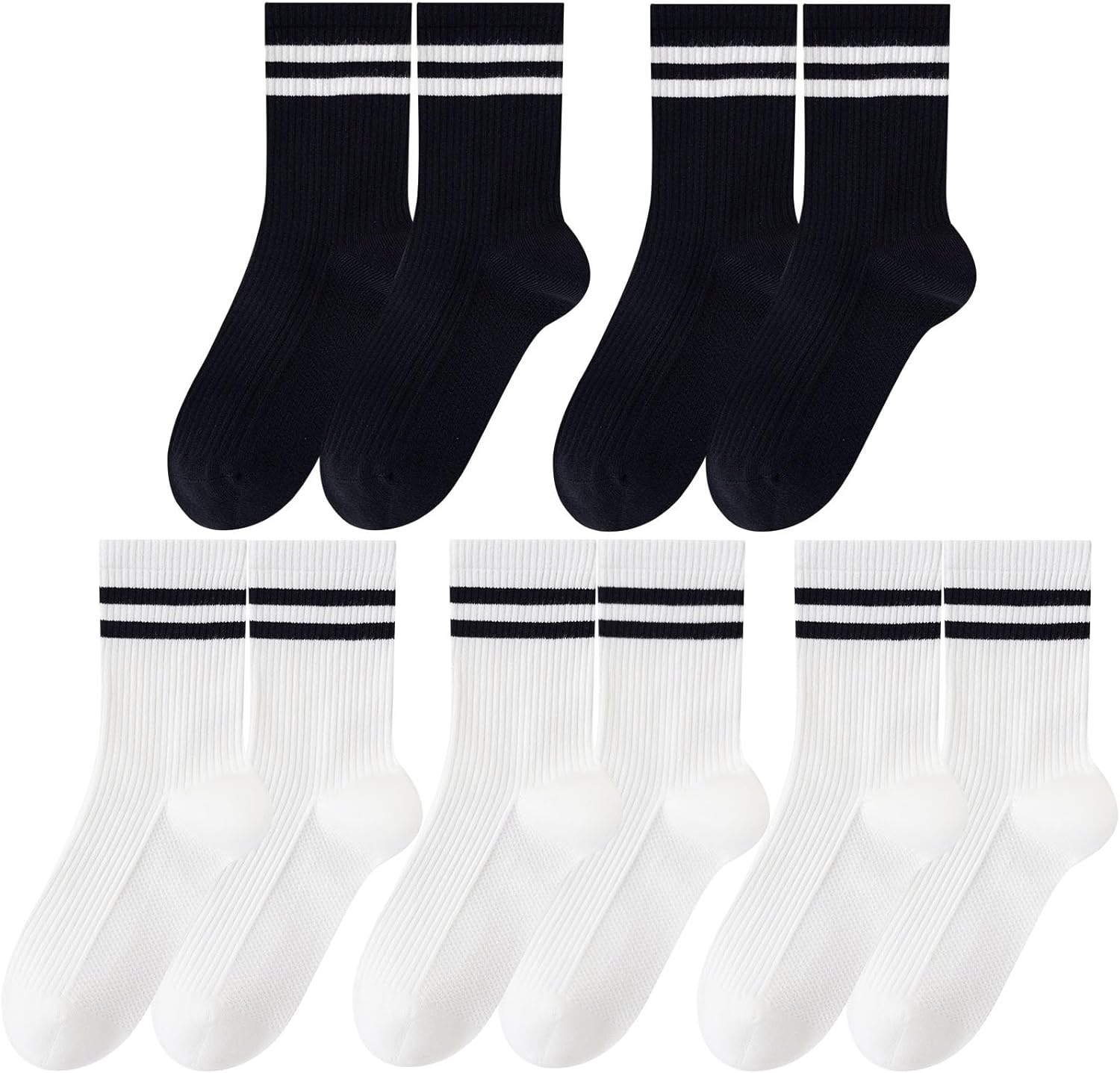 5 Pairs Solid Color Two Stripe Crew Socks Casual Athletic Socks for women Girls