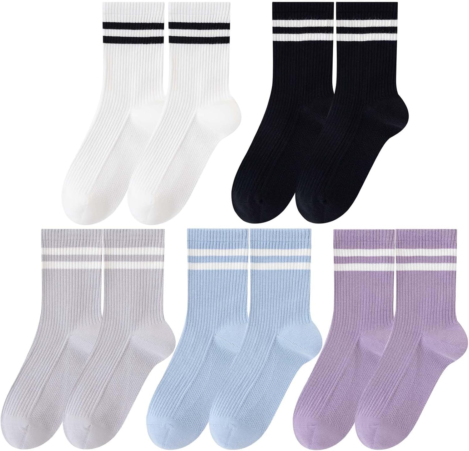 5 Pairs Solid Color Two Stripe Crew Socks Casual Athletic Socks for women Girls