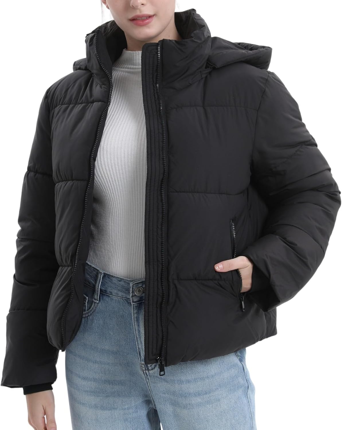 Women's Cropped Puffer Jackets,Warm Winter Jacket with Removable Hood,Zipped Pockets,Short Ladies Quilted Coat