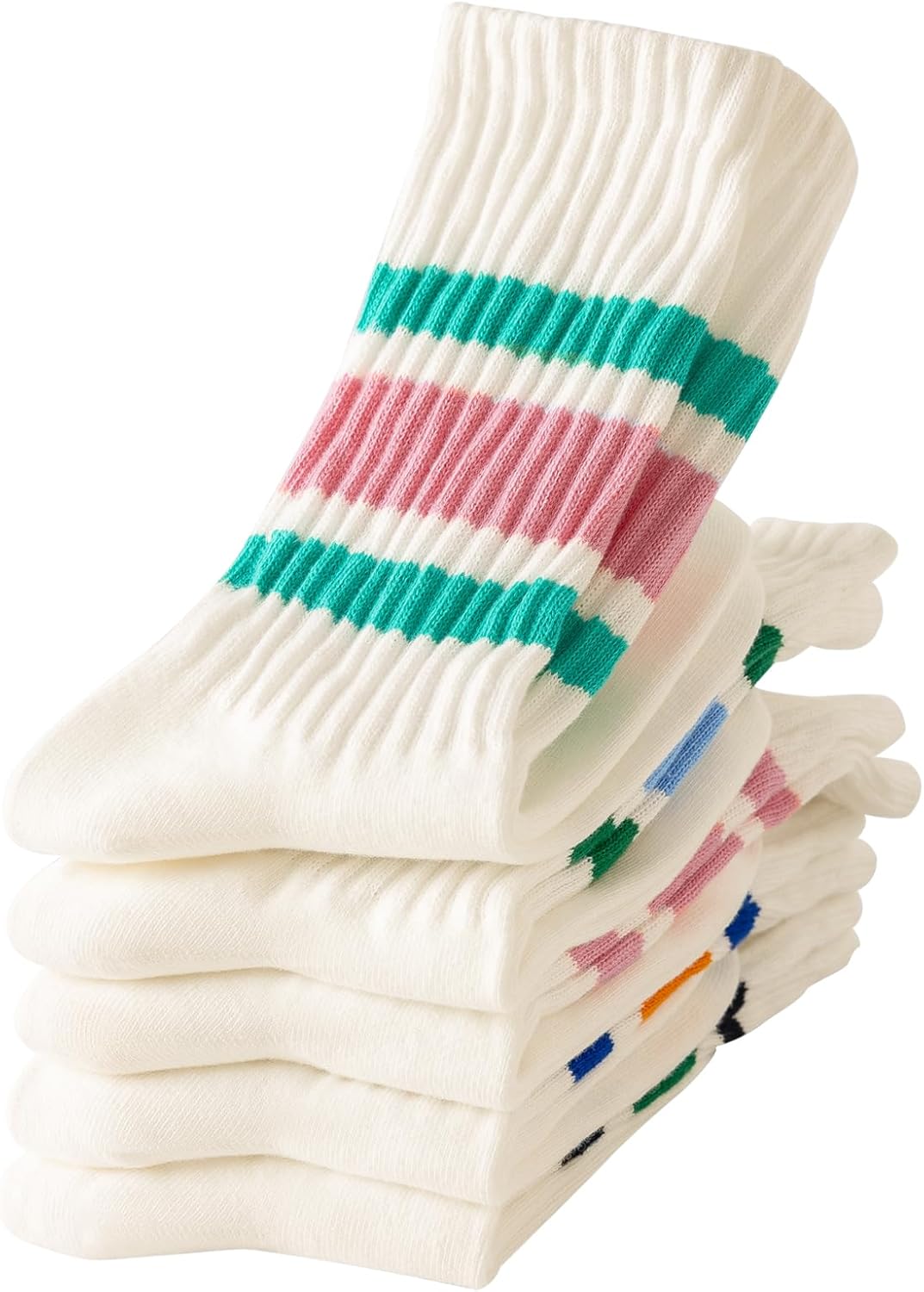 Striped Crew Socks 5 Pairs Seamless Toe for Men and Women, Color of Light Cream, Casual Comfort