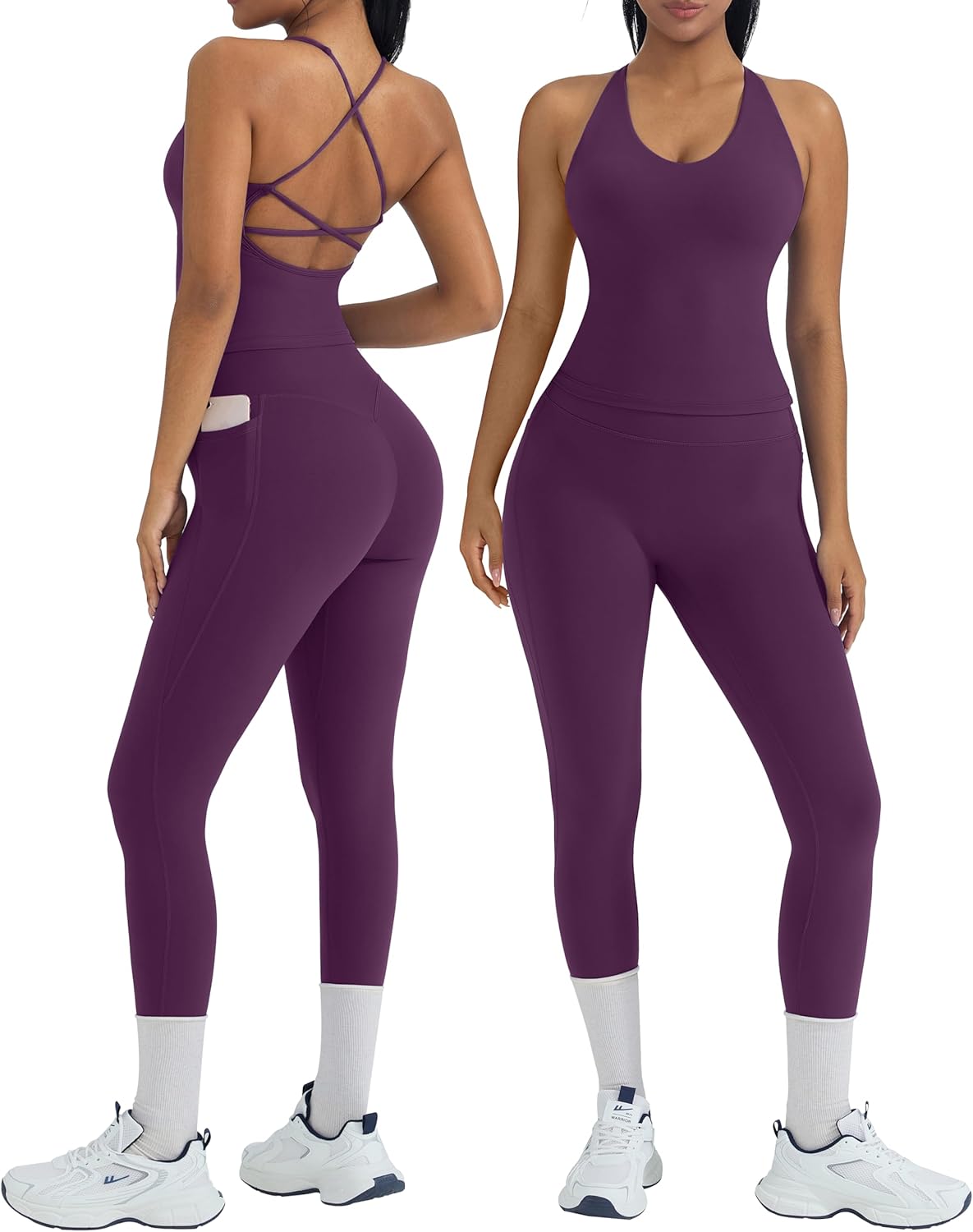 2 Piece Workout Sets for Women Padded Workout Tops Booty Leggings with Pockets Gym Sets