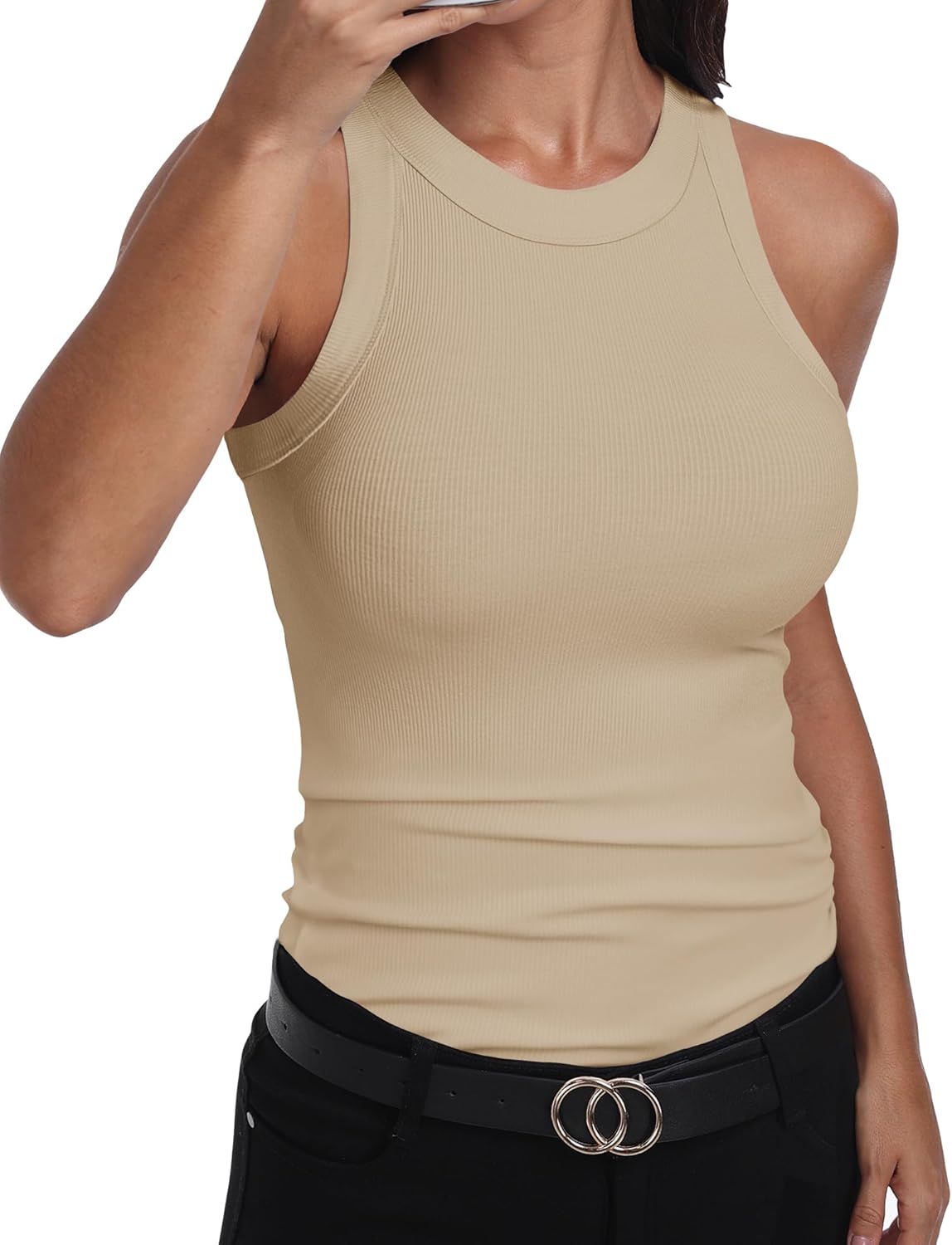 Womens   High Neck Casual Basic Cotton Ribbed Fitted Tank Top