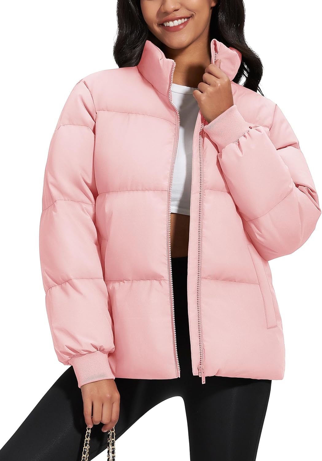 Women's Winter Down Puffer Jackets Stand Collar Zip Up Water Resistant Warm Padded Quilted Coat with Pockets