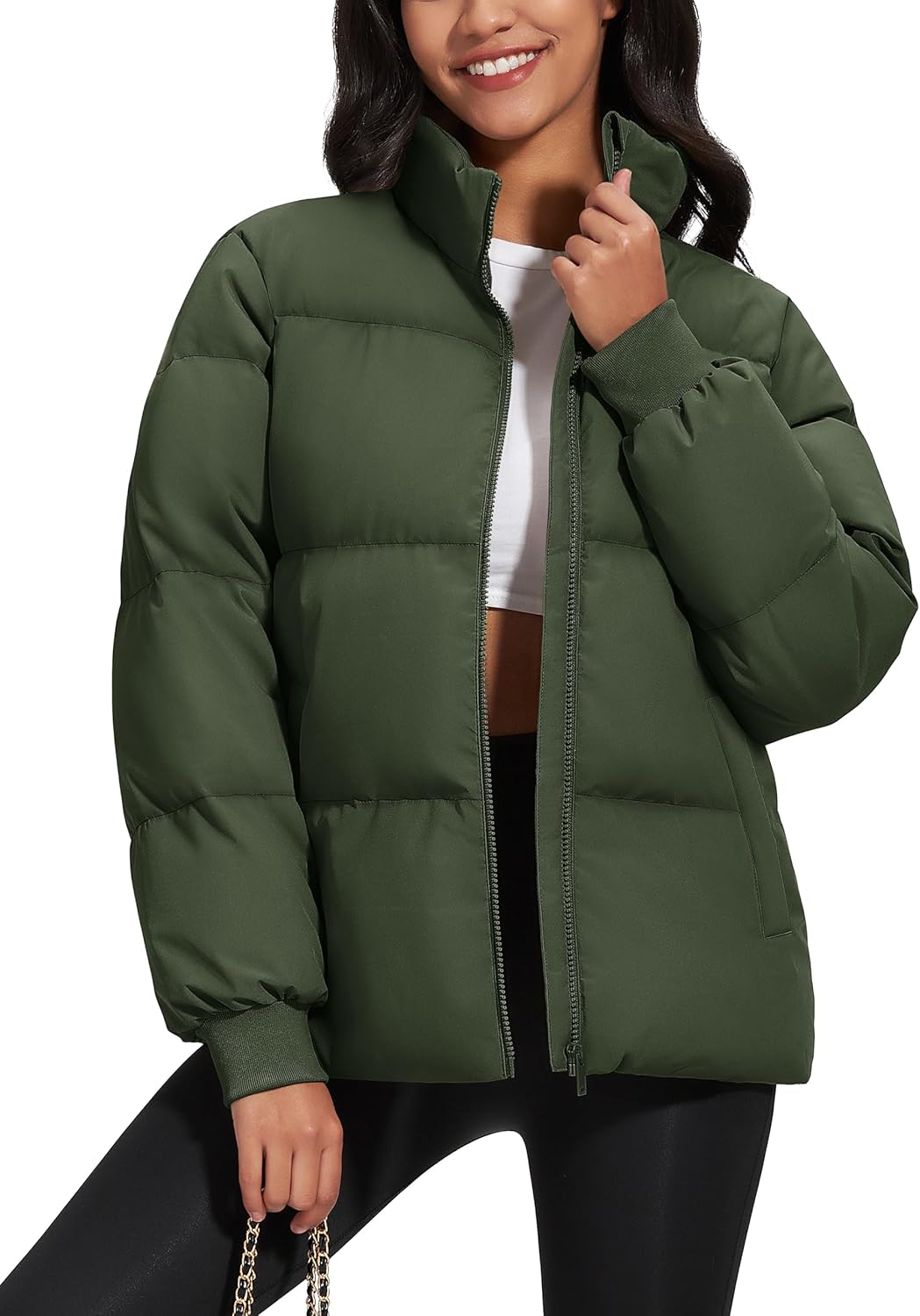 Women's Winter Down Puffer Jackets Stand Collar Zip Up Water Resistant Warm Padded Quilted Coat with Pockets